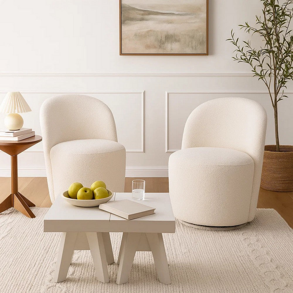 Benjara Accent Chair Set of 2, 360 Degree Swivel Rotation, Beige White Boucle