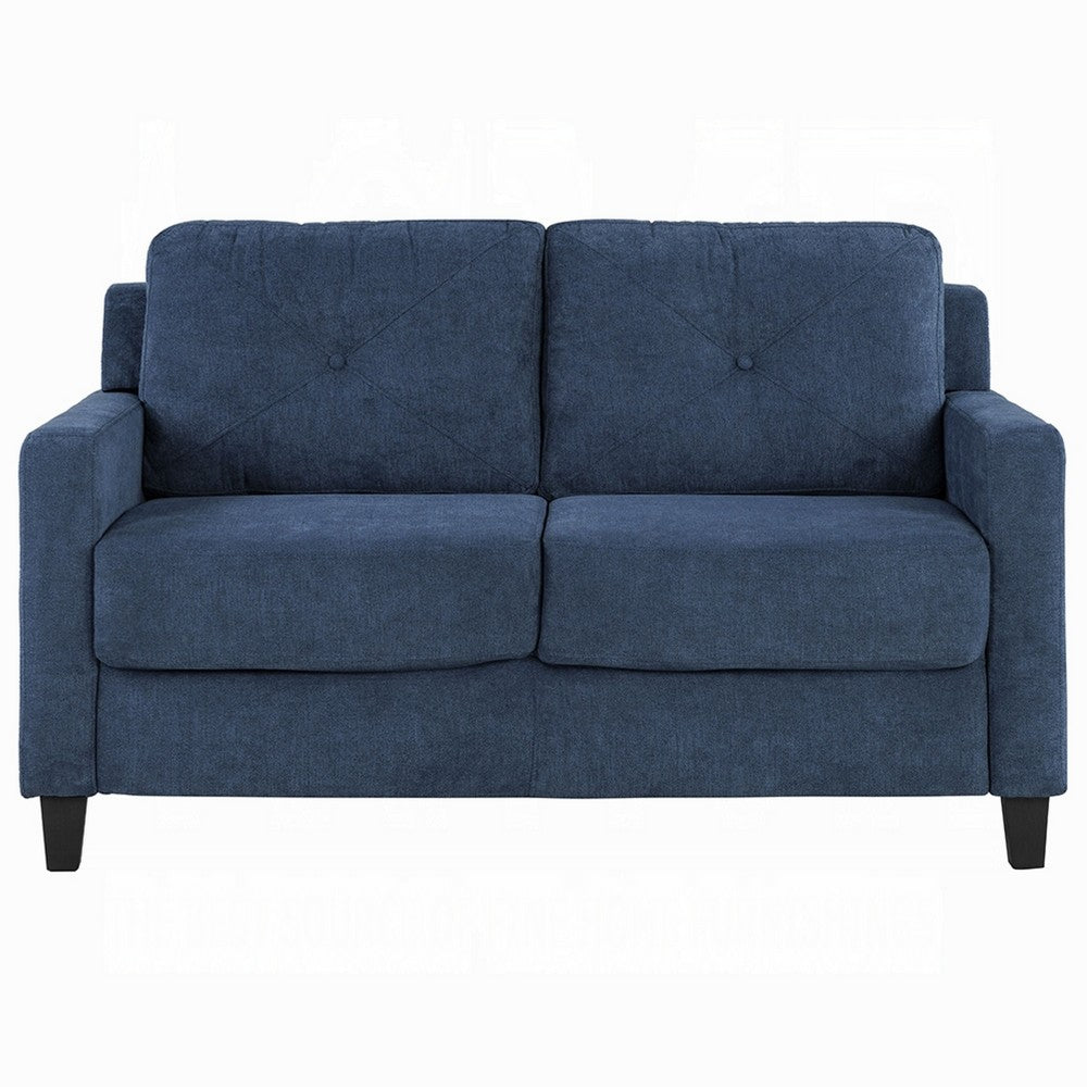 Benjara Royi Loveseat, Track Armrest, 58 Inch, Blue Fabric w Tufted Backrest