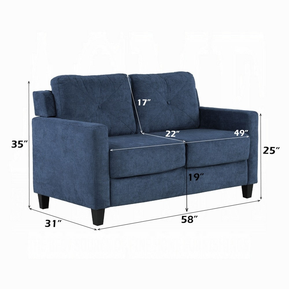 Benjara Royi Loveseat, Track Armrest, 58 Inch, Blue Fabric w Tufted Backrest