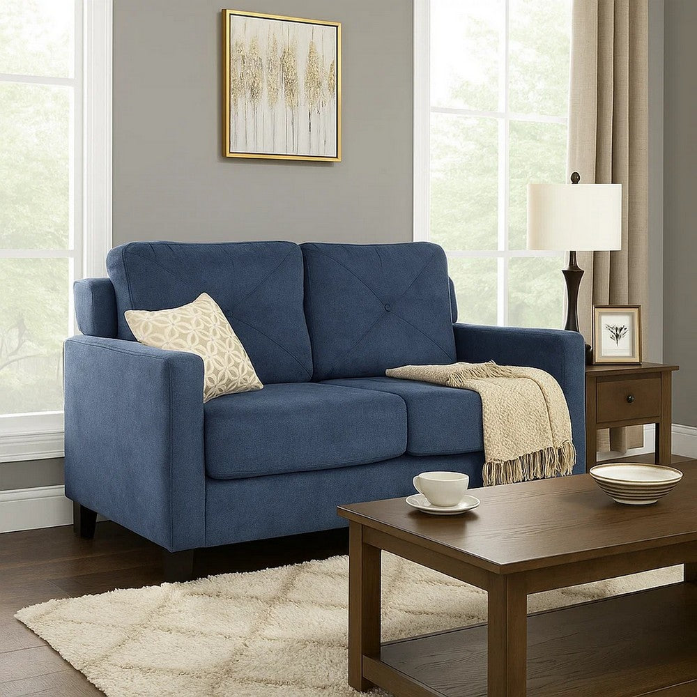 Benjara Royi Loveseat, Track Armrest, 58 Inch, Blue Fabric w Tufted Backrest