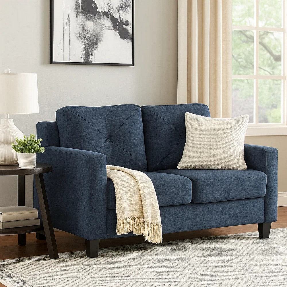 Benjara Royi Loveseat, Track Armrest, 58 Inch, Blue Fabric w Tufted Backrest
