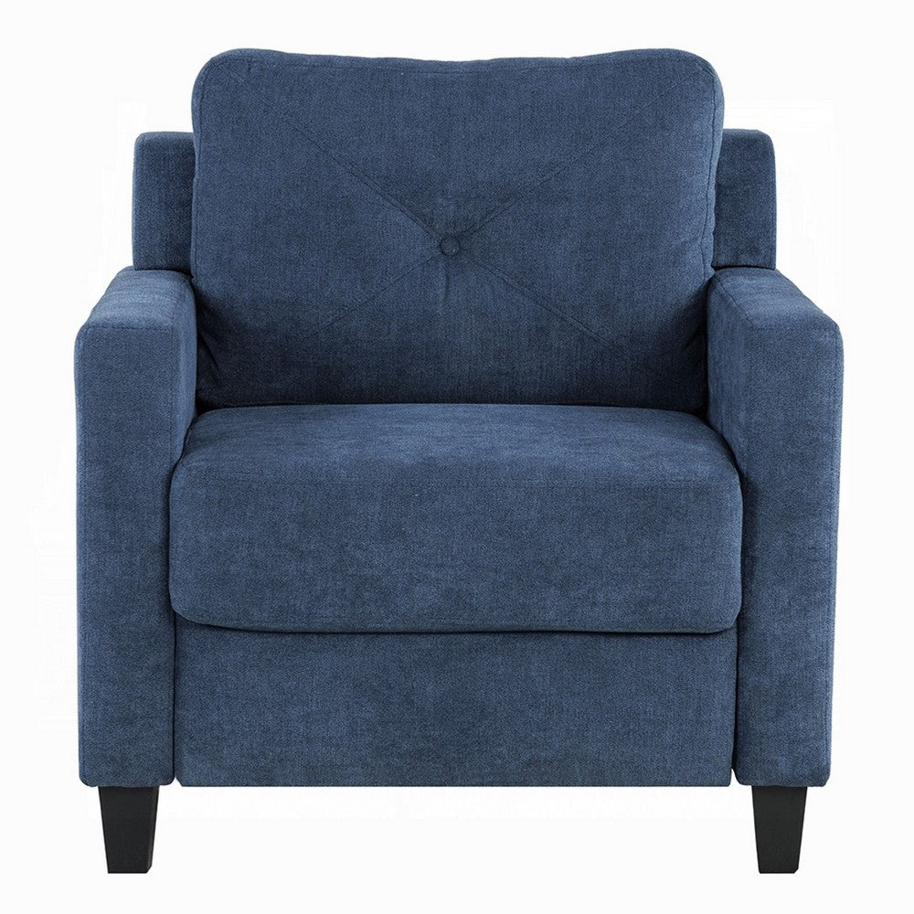 Benjara Royi Accent Chair, Track Armrest, Blue Fabric Seat w Tufted Backrest
