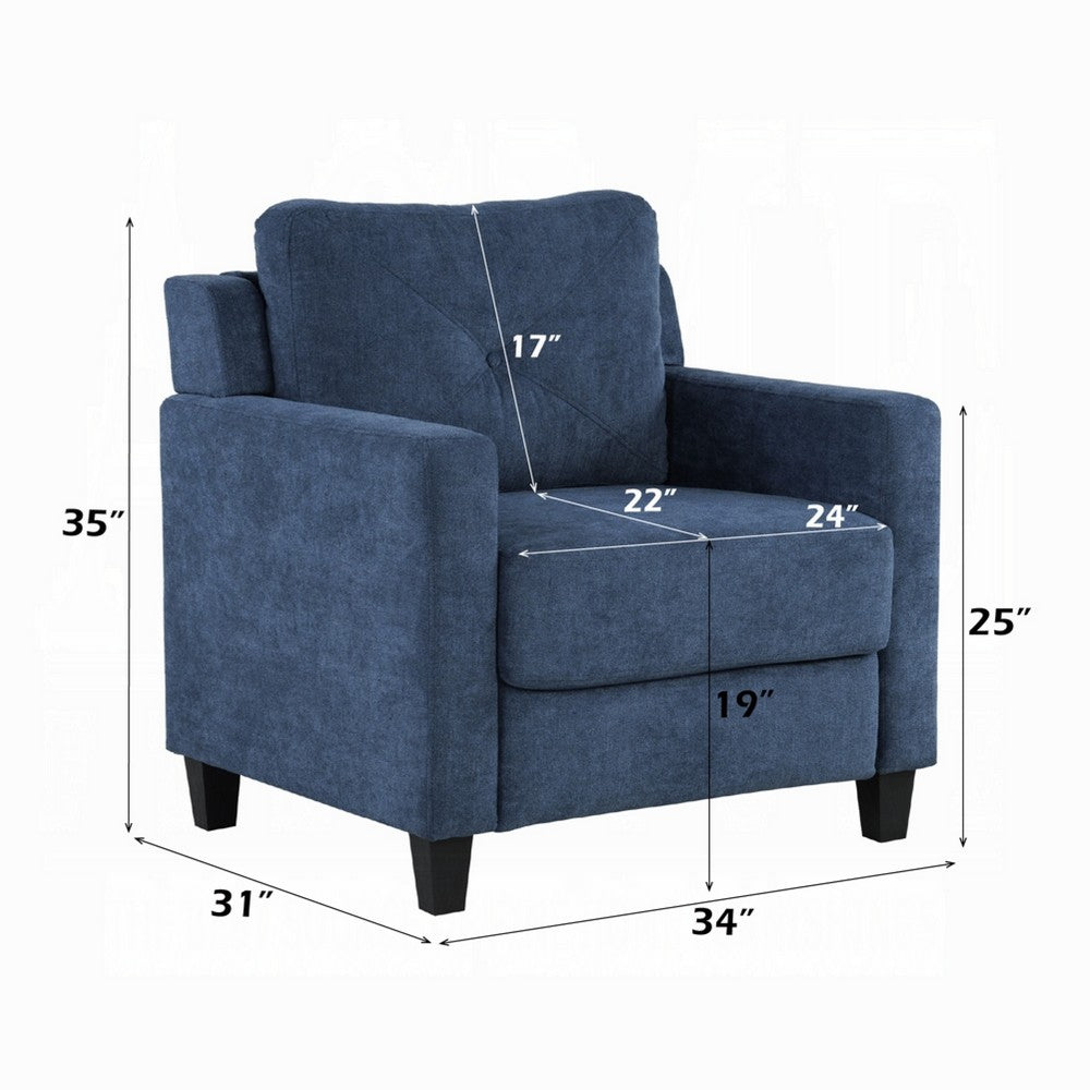 Benjara Royi Accent Chair, Track Armrest, Blue Fabric Seat w Tufted Backrest