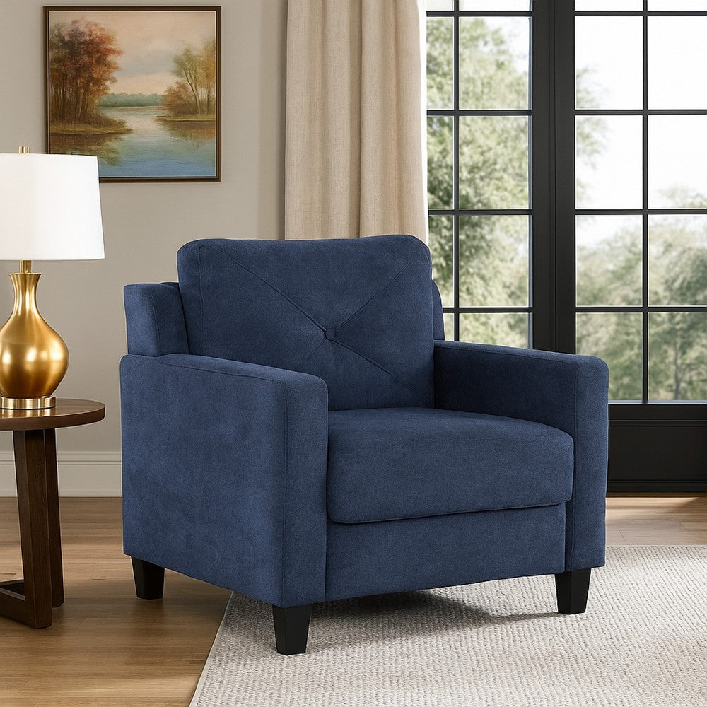 Benjara Royi Accent Chair, Track Armrest, Blue Fabric Seat w Tufted Backrest