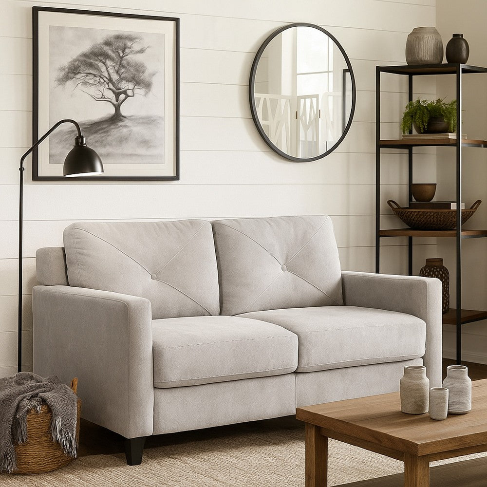 Benjara Royi Loveseat, Track Armrest, 58 Inch, Gray Fabric w Tufted Backrest