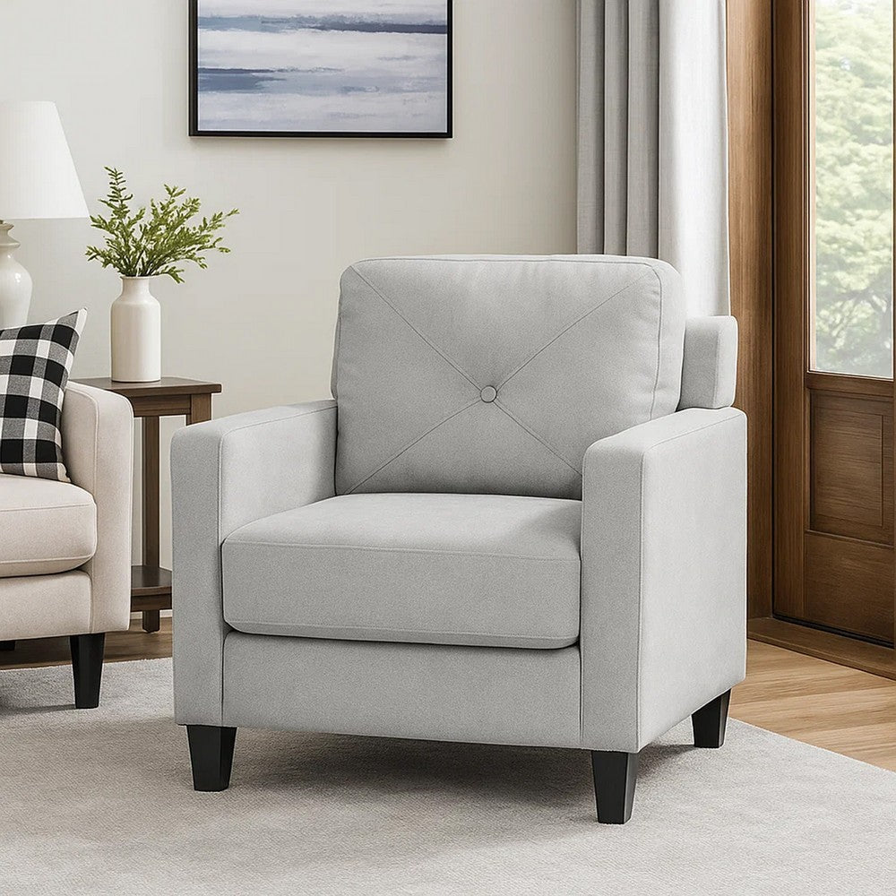 Benjara Royi Accent Chair, Track Armrest, Gray Fabric Seat w Tufted Backrest