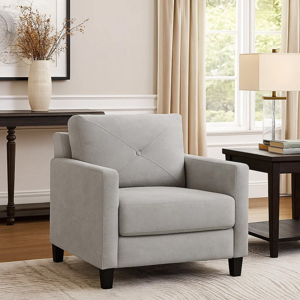 Benjara Royi Accent Chair, Track Armrest, Gray Fabric Seat w Tufted Backrest