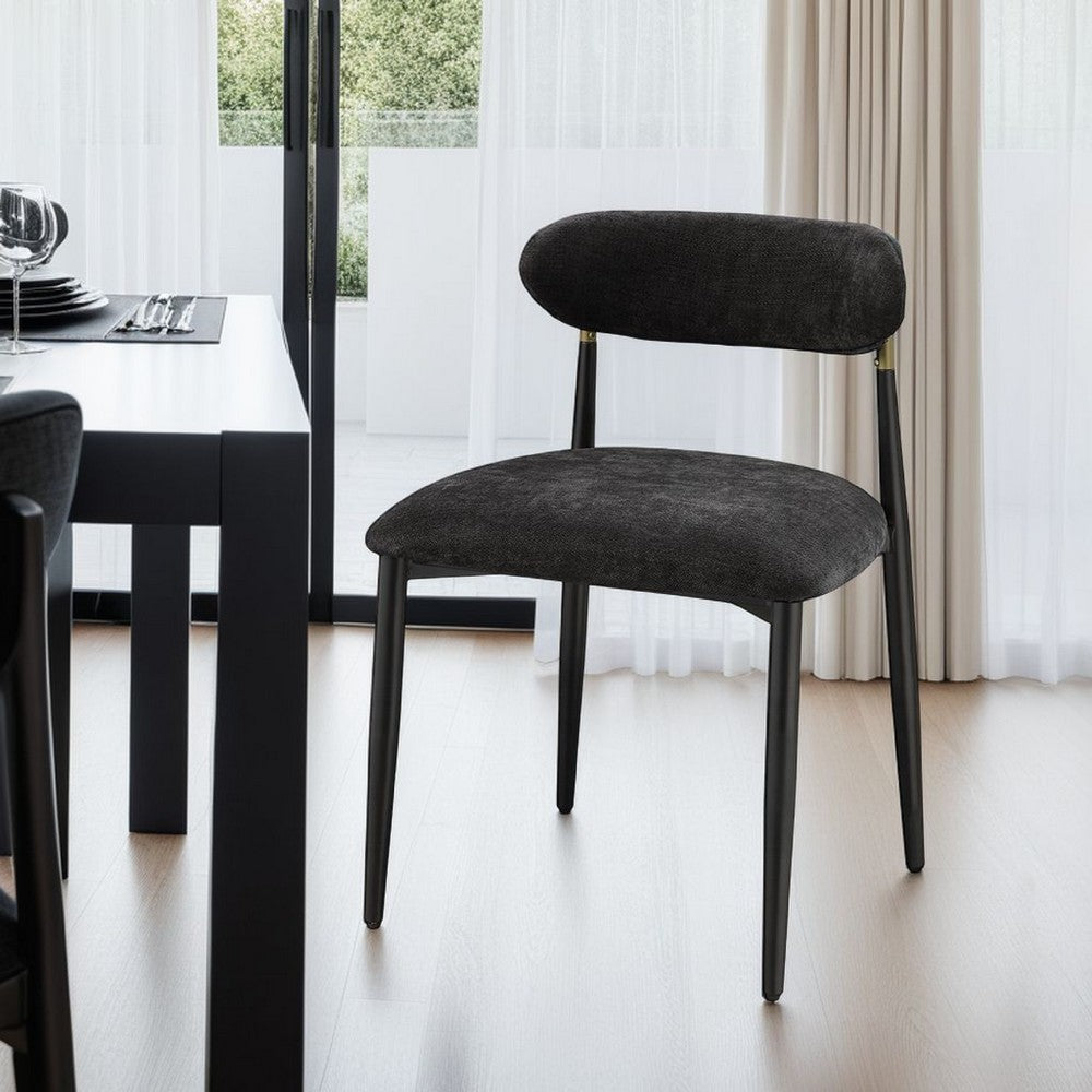 Benjara Vonn Side Dining Chair Set of 2, Black Chenille, Curved, Metal Legs