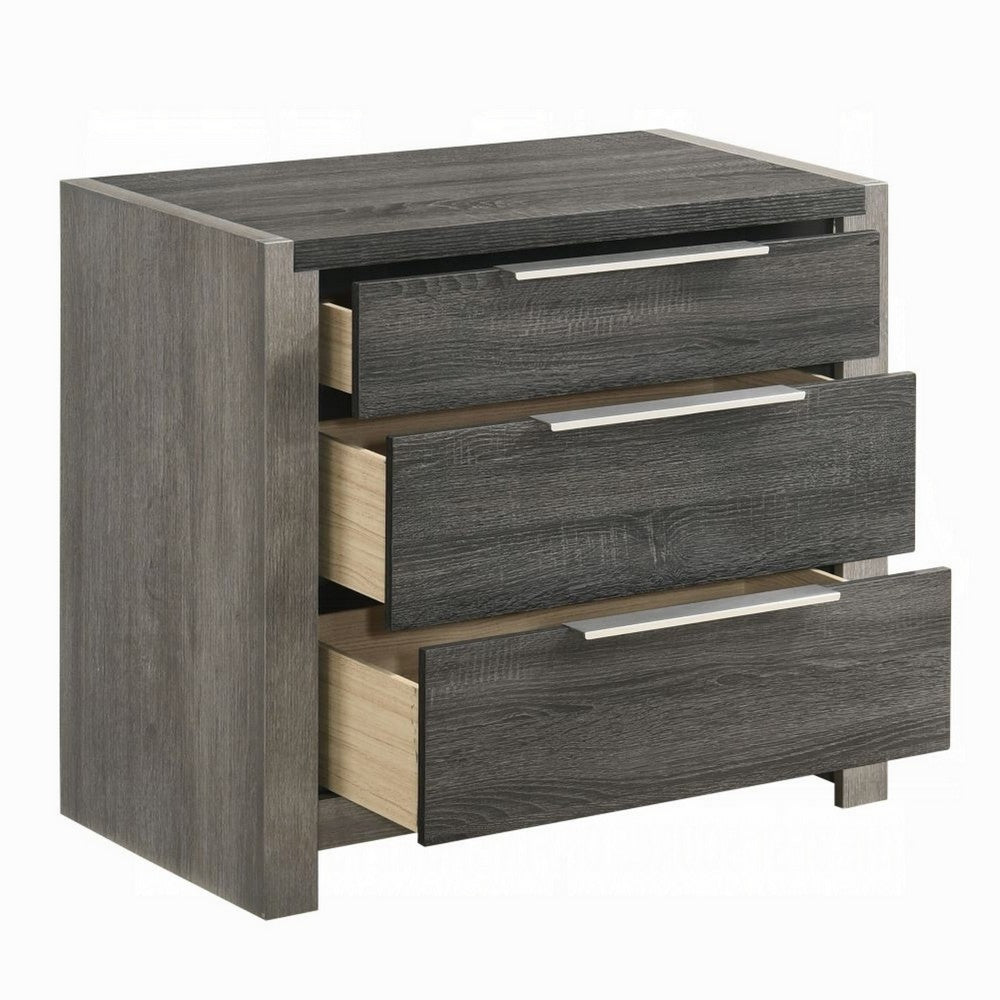Benjara Joho Nightstand, 30 Inch, 5 Storage Drawers w Metal Handles, Gray Wood