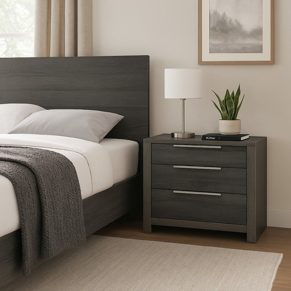 Benjara Joho Nightstand, 30 Inch, 5 Storage Drawers w Metal Handles, Gray Wood