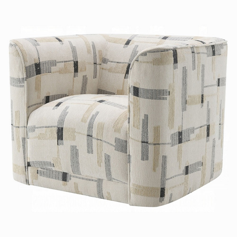Benjara Lenu Swivel Accent Sofa Chair, Beige Pattern Fabric, Boxy Padded Seat