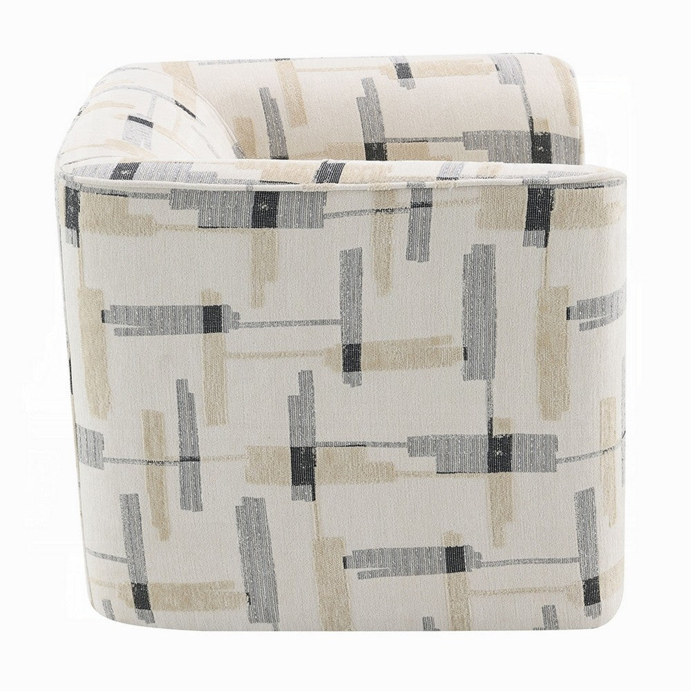 Benjara Lenu Swivel Accent Sofa Chair, Beige Pattern Fabric, Boxy Padded Seat