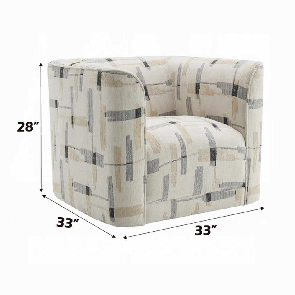 Benjara Lenu Swivel Accent Sofa Chair, Beige Pattern Fabric, Boxy Padded Seat