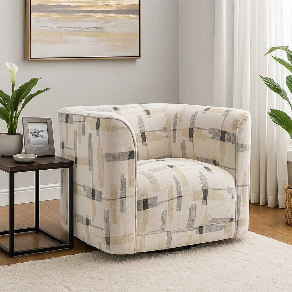 Benjara Lenu Swivel Accent Sofa Chair, Beige Pattern Fabric, Boxy Padded Seat