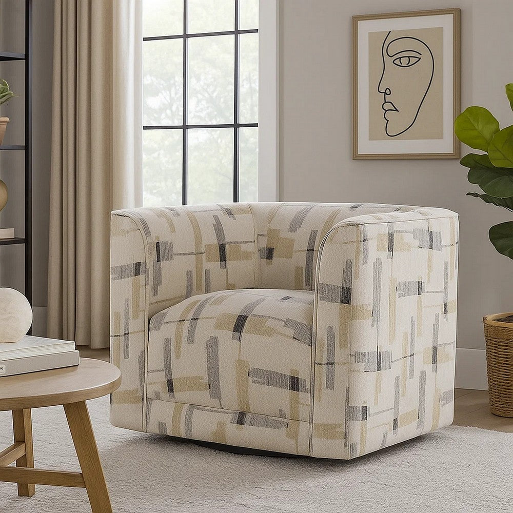 Benjara Lenu Swivel Accent Sofa Chair, Beige Pattern Fabric, Boxy Padded Seat