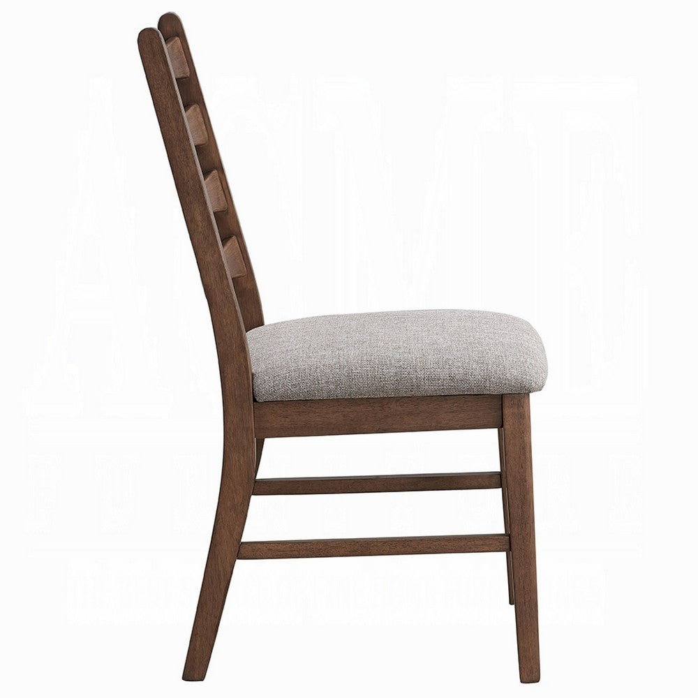 Benjara Mea Dining Side Chair Set of 2, Slatted Back, Gray Linen Seat, Brown