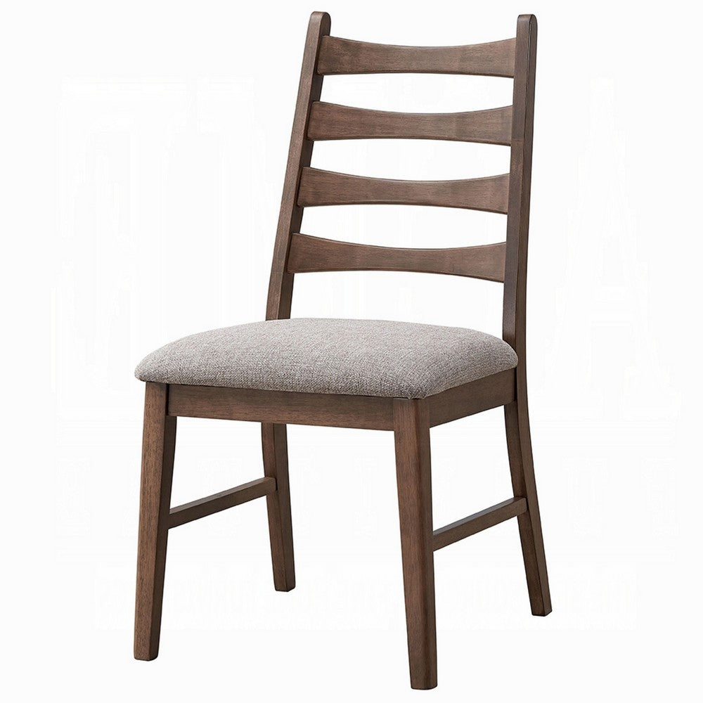 Benjara Mea Dining Side Chair Set of 2, Slatted Back, Gray Linen Seat, Brown