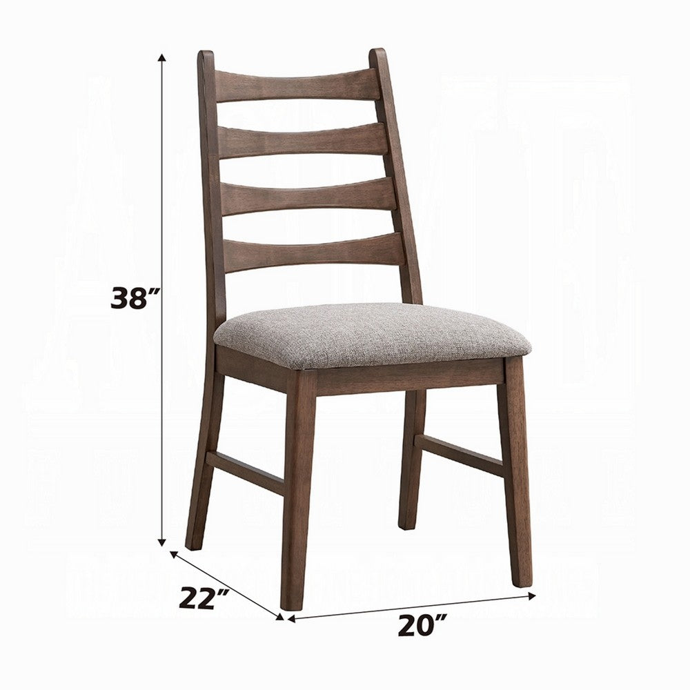 Benjara Mea Dining Side Chair Set of 2, Slatted Back, Gray Linen Seat, Brown