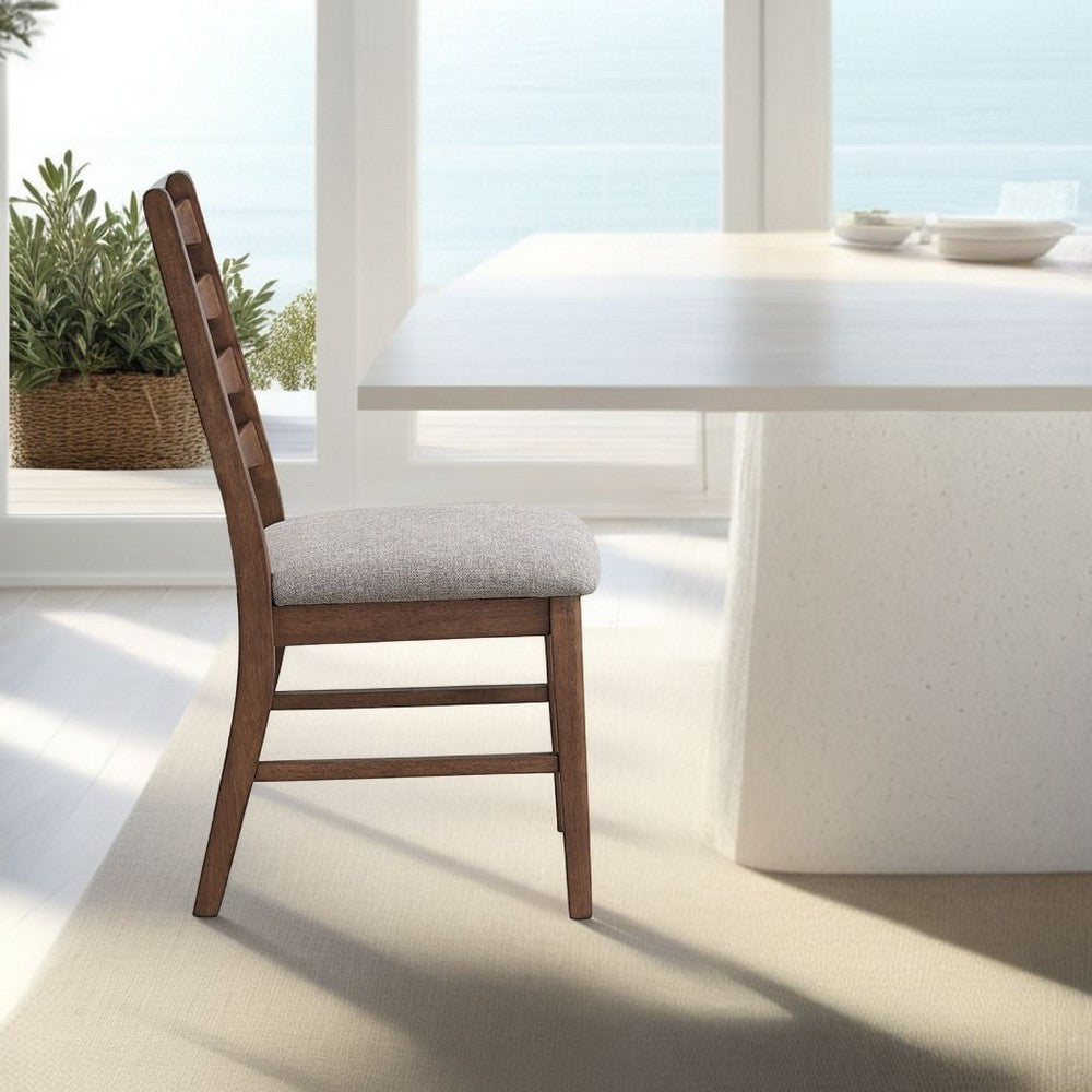 Benjara Mea Dining Side Chair Set of 2, Slatted Back, Gray Linen Seat, Brown