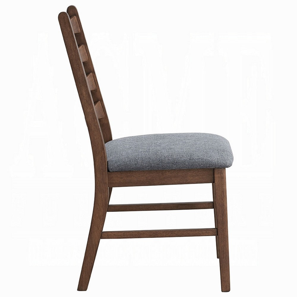 Benjara Mea Dining Side Chair Set of 2, Slatted, Dark Gray Linen Seat, Brown
