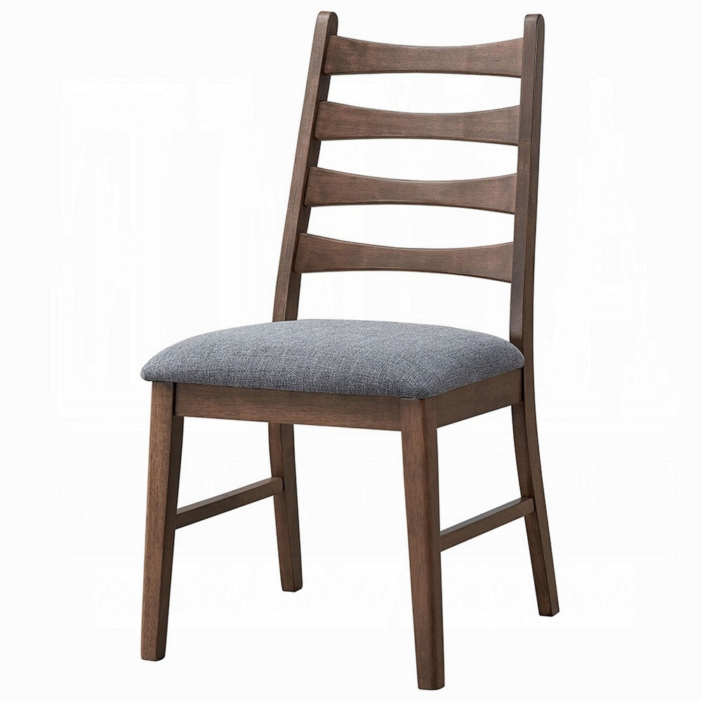 Benjara Mea Dining Side Chair Set of 2, Slatted, Dark Gray Linen Seat, Brown