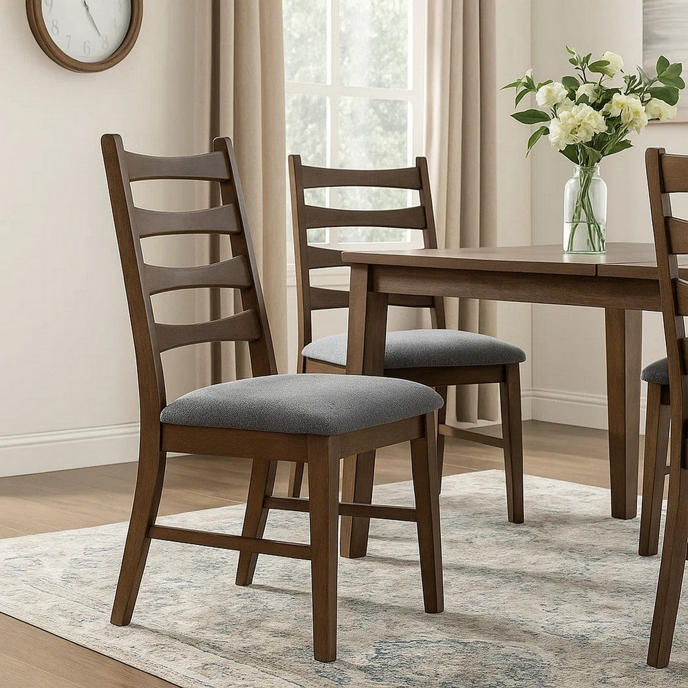 Benjara Mea Dining Side Chair Set of 2, Slatted, Dark Gray Linen Seat, Brown
