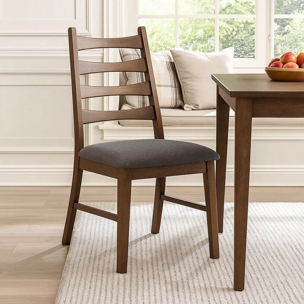 Benjara Mea Dining Side Chair Set of 2, Slatted, Dark Gray Linen Seat, Brown