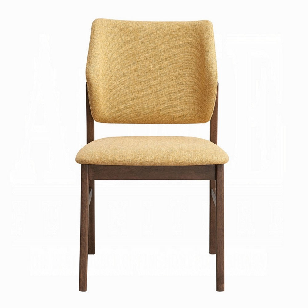 Benjara Nory Dining Side Chair Set of 2, Yellow Linen Cushioned, Walnut Brown