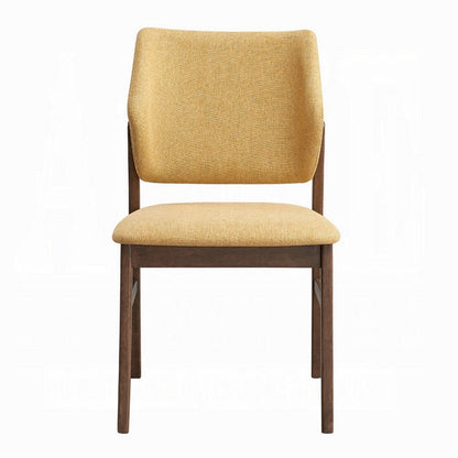 Benjara Nory Dining Side Chair Set of 2, Yellow Linen Cushioned, Walnut Brown