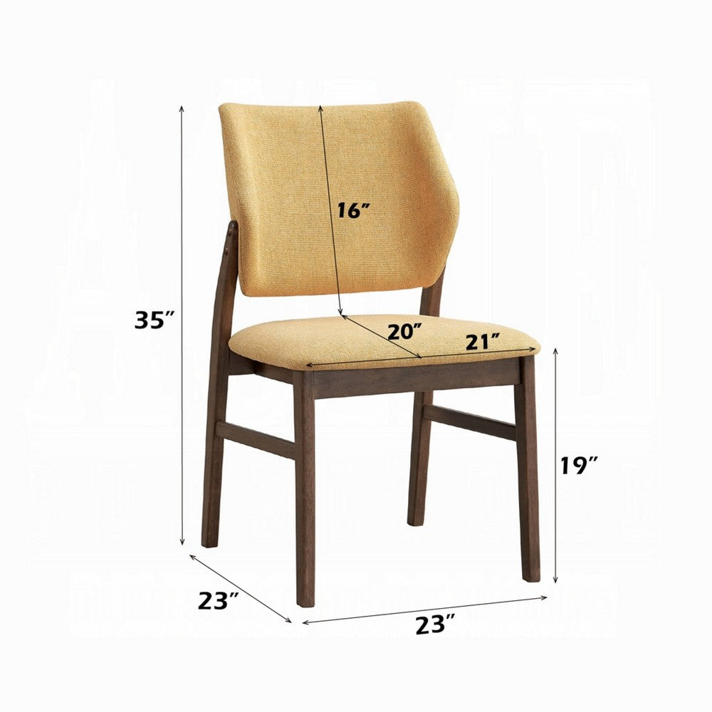 Benjara Nory Dining Side Chair Set of 2, Yellow Linen Cushioned, Walnut Brown