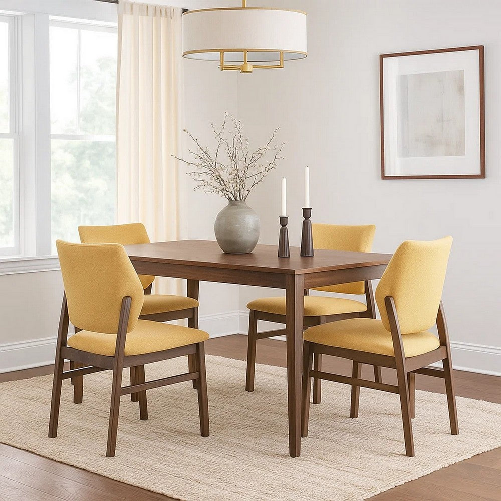 Benjara Nory Dining Side Chair Set of 2, Yellow Linen Cushioned, Walnut Brown