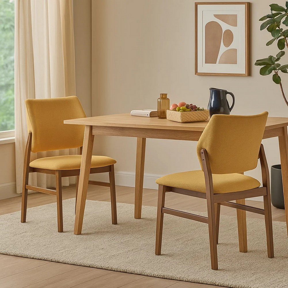 Benjara Nory Dining Side Chair Set of 2, Yellow Linen Cushioned, Walnut Brown