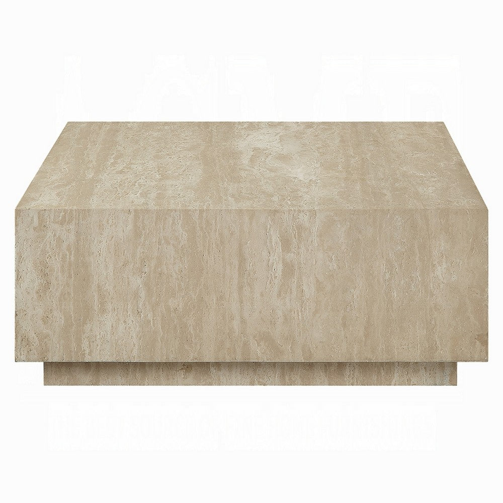 Benjara Lory Coffee Table, 35 Inch Square Travertine Top, Natural Wood Beige