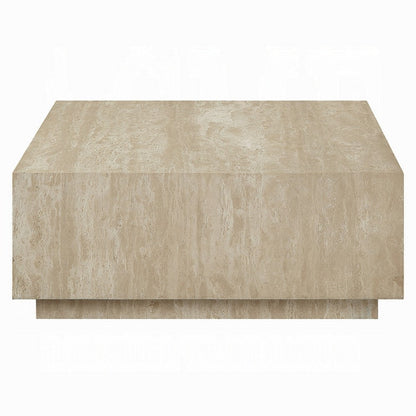 Benjara Lory Coffee Table, 35 Inch Square Travertine Top, Natural Wood Beige