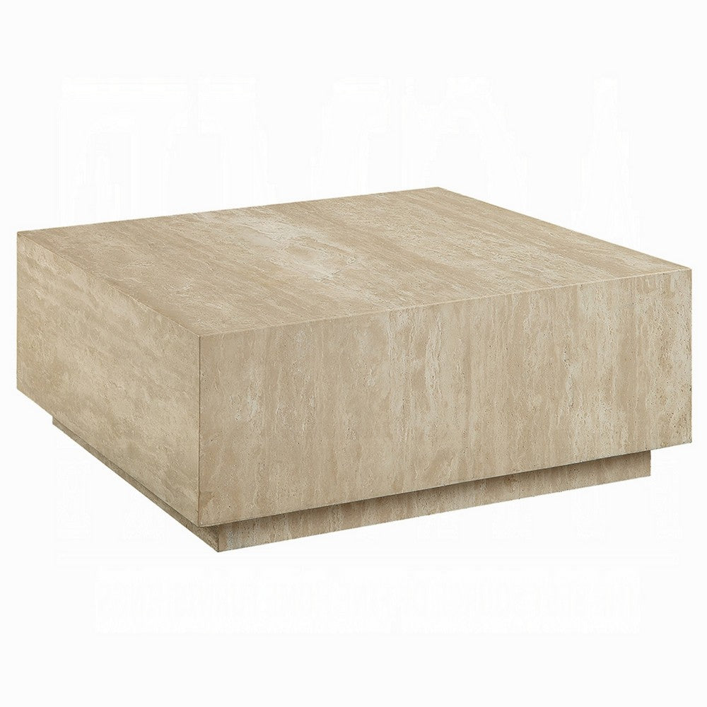 Benjara Lory Coffee Table, 35 Inch Square Travertine Top, Natural Wood Beige