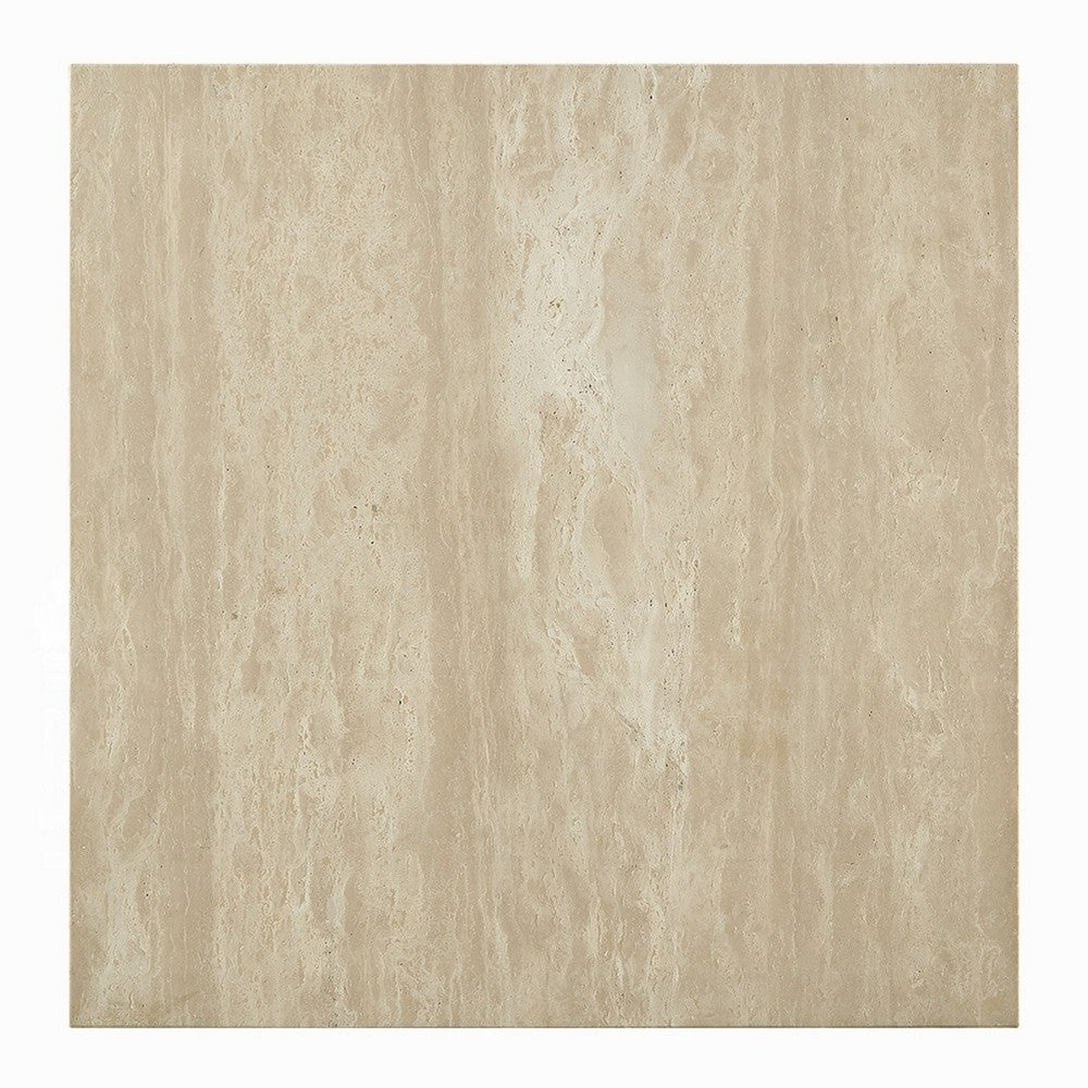 Benjara Lory Coffee Table, 35 Inch Square Travertine Top, Natural Wood Beige