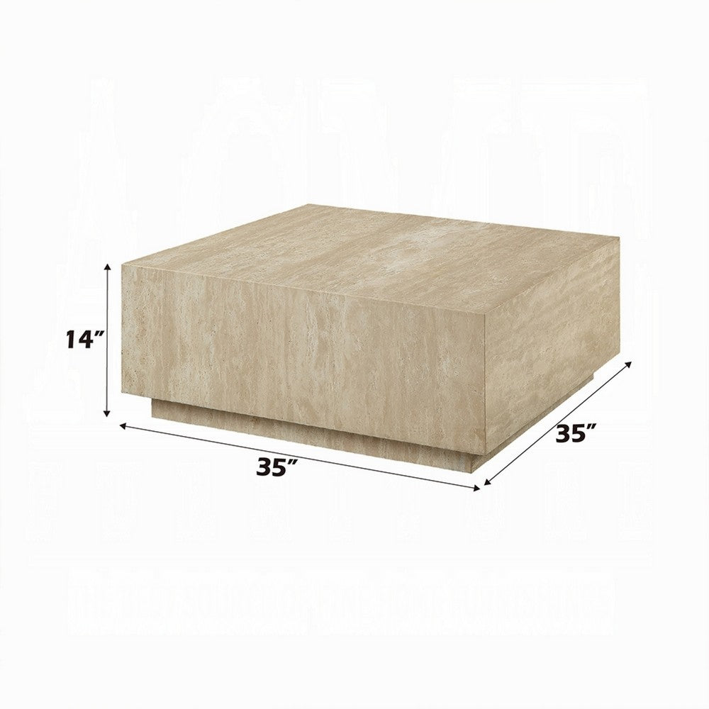 Benjara Lory Coffee Table, 35 Inch Square Travertine Top, Natural Wood Beige