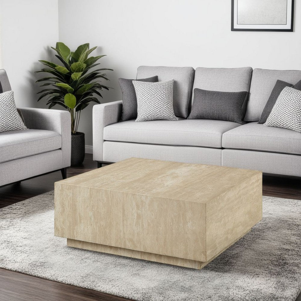 Benjara Lory Coffee Table, 35 Inch Square Travertine Top, Natural Wood Beige