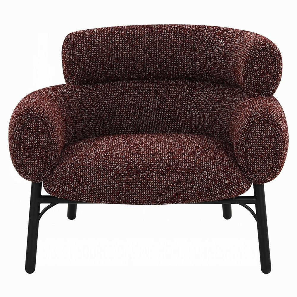 Benjara Meru Sofa Chair, Curved Back Maroon Red Tweed Fabric, Black Metal Legs