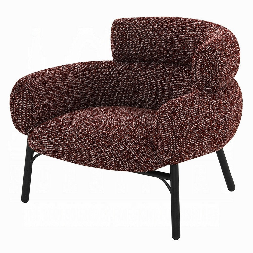 Benjara Meru Sofa Chair, Curved Back Maroon Red Tweed Fabric, Black Metal Legs