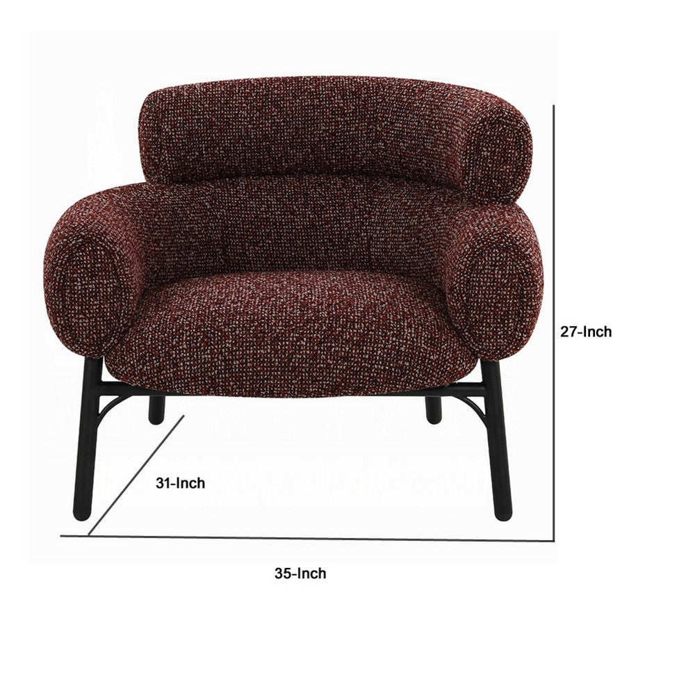 Benjara Meru Sofa Chair, Curved Back Maroon Red Tweed Fabric, Black Metal Legs