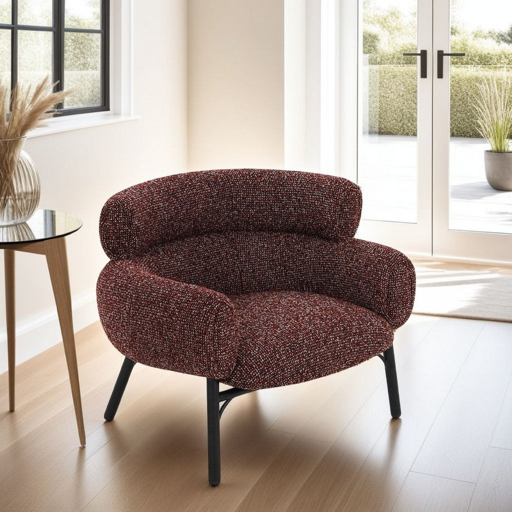 Benjara Meru Sofa Chair, Curved Back Maroon Red Tweed Fabric, Black Metal Legs