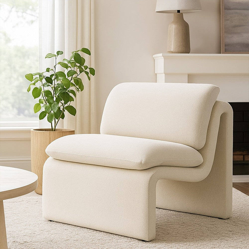 Benjara Kami Accent Chair, Curved Open Base, Armless Modern Ivory Boucle