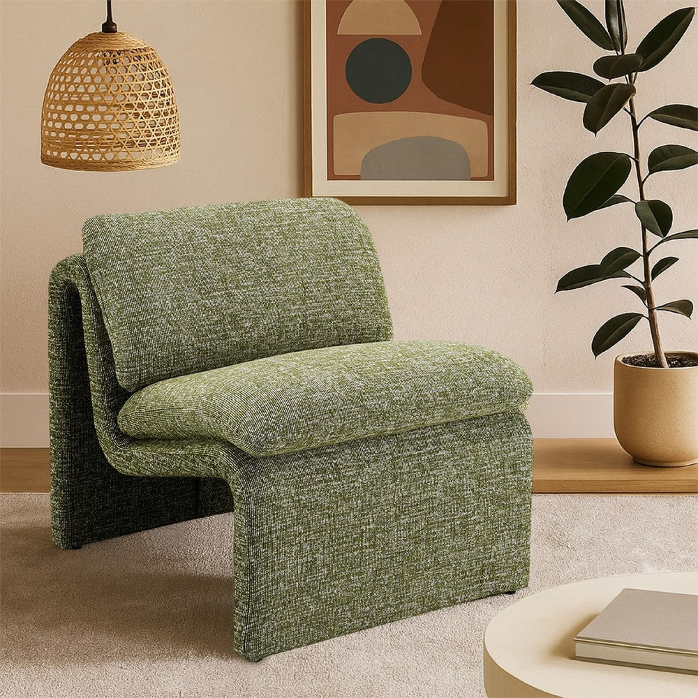 Benjara Kami Accent Chair, Curved Open Base, Armless Modern Green Boucle
