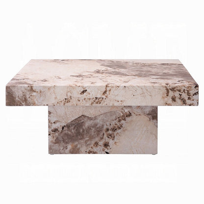 Benjara Itah Coffee Table, Faux Marble Details, White Brown 36 Inch Square