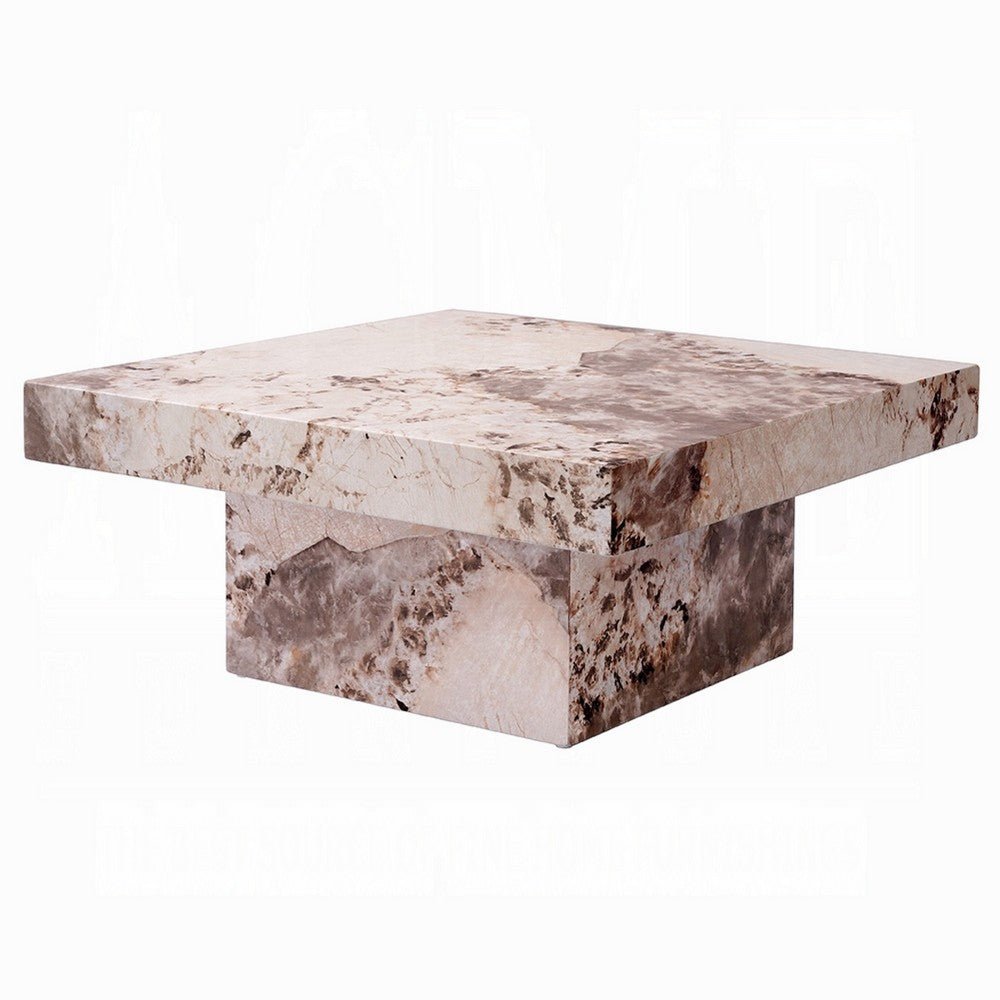 Benjara Itah Coffee Table, Faux Marble Details, White Brown 36 Inch Square