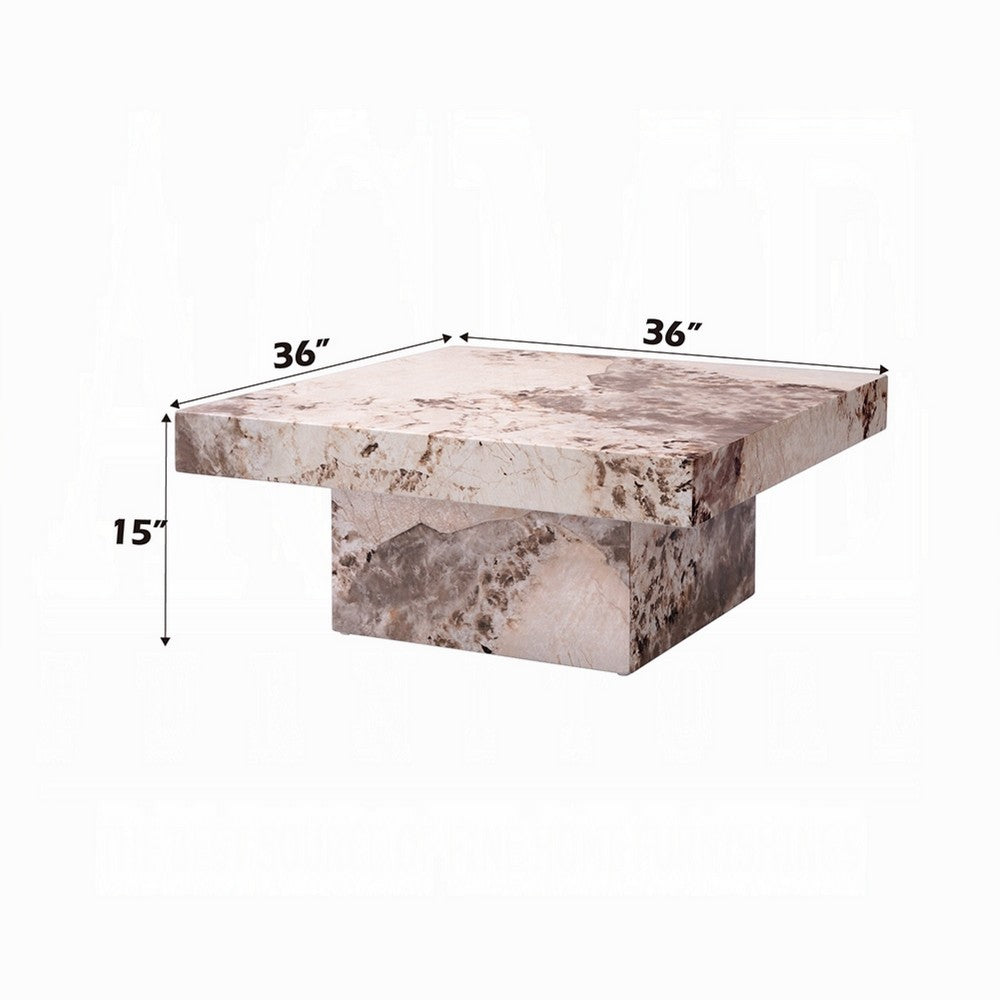 Benjara Itah Coffee Table, Faux Marble Details, White Brown 36 Inch Square
