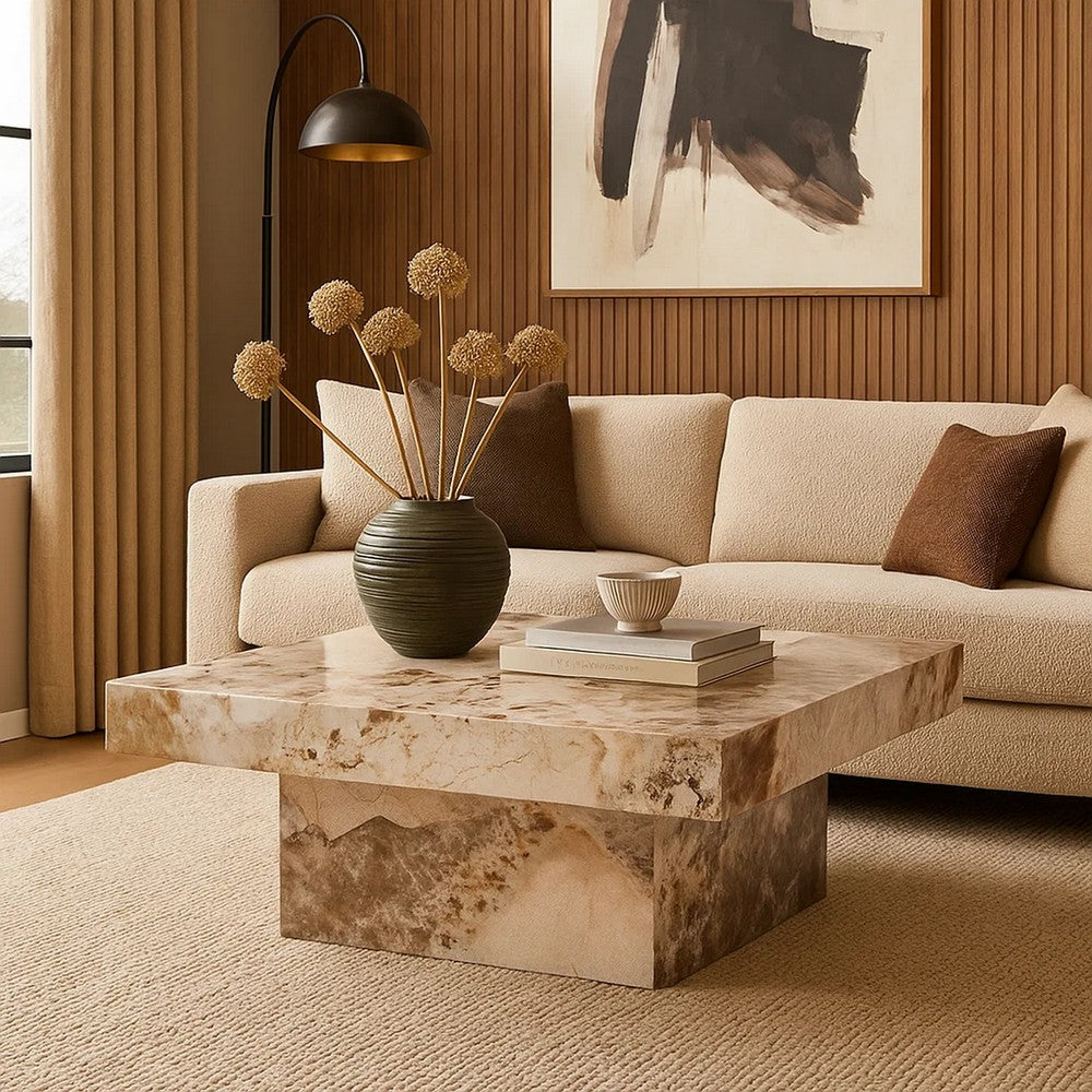 Benjara Itah Coffee Table, Faux Marble Details, White Brown 36 Inch Square