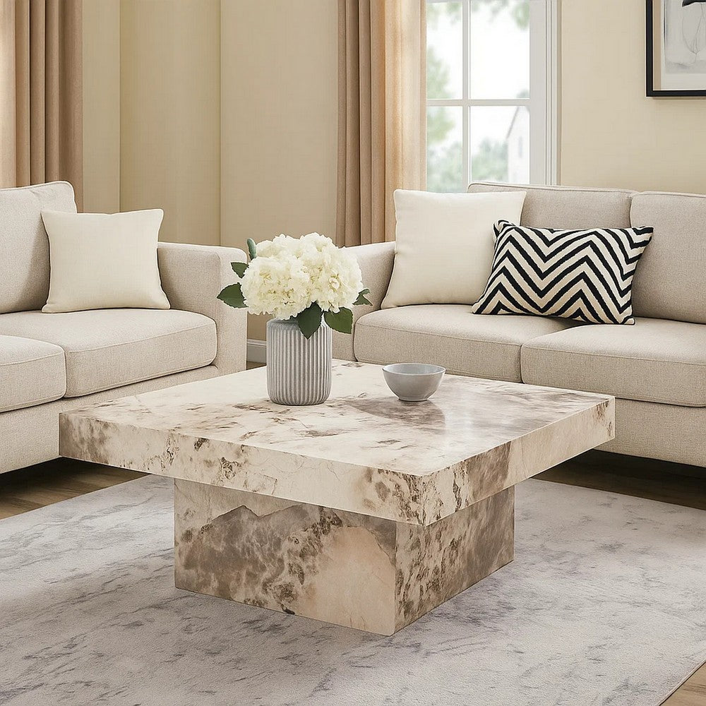 Benjara Itah Coffee Table, Faux Marble Details, White Brown 36 Inch Square