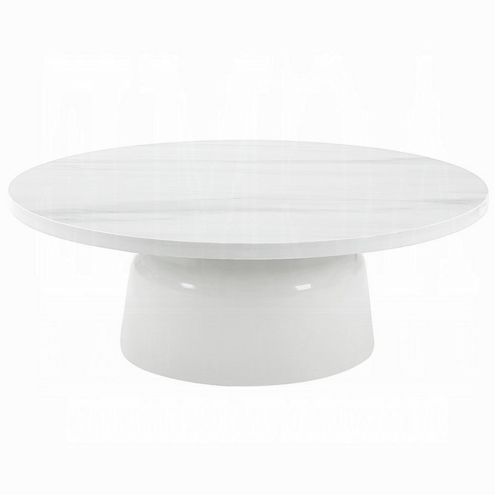 Benjara Zayn Round Coffee Table, Pedestal Base, White Faux Marble, 40 Inch